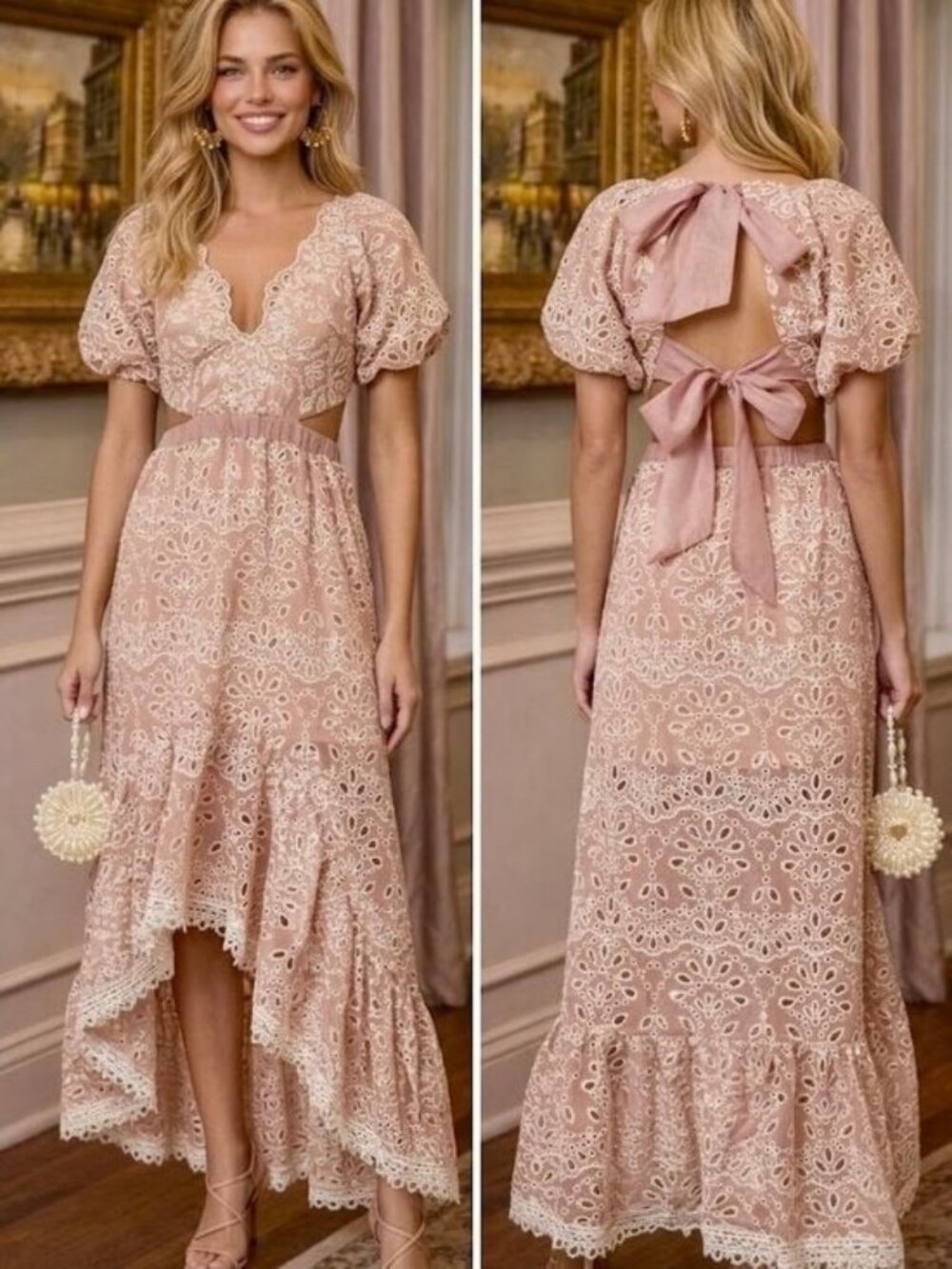 NWT $330 ELLIATT Melancholy Eyelet Maxi Dress in Blush Pink Size XS